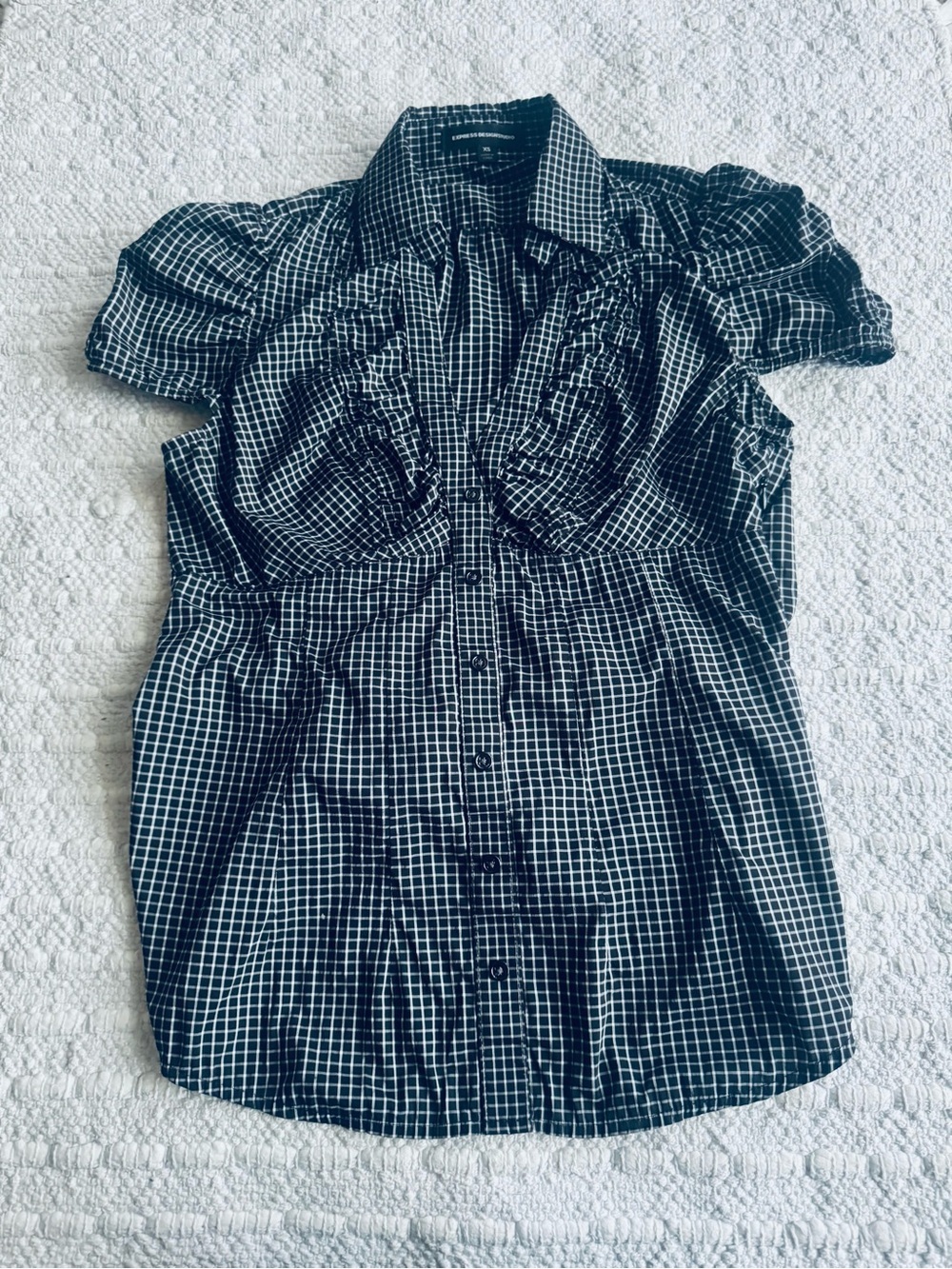 Express Design Studio Black & White Checkered Short/Cap Sleeve Top
